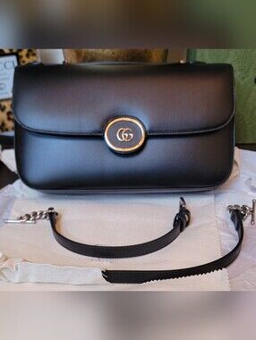 New Gucci Black Leather Petite GG Small Shoulder Bag Leather & Chain Strap
